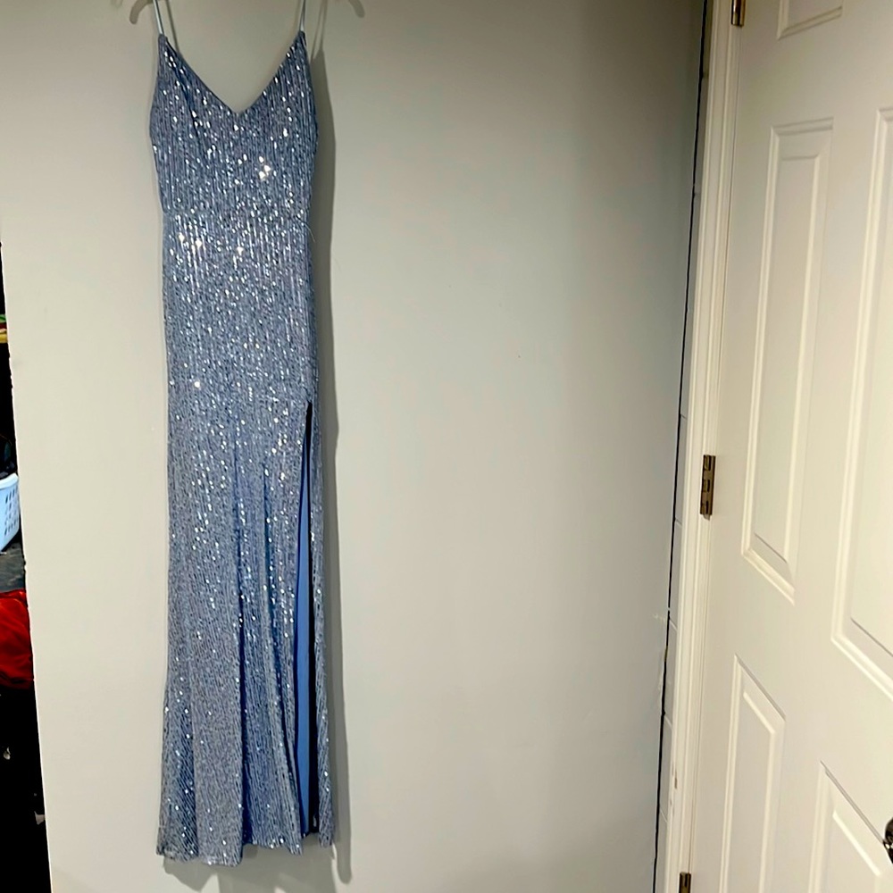 Light blue sequin prom dress